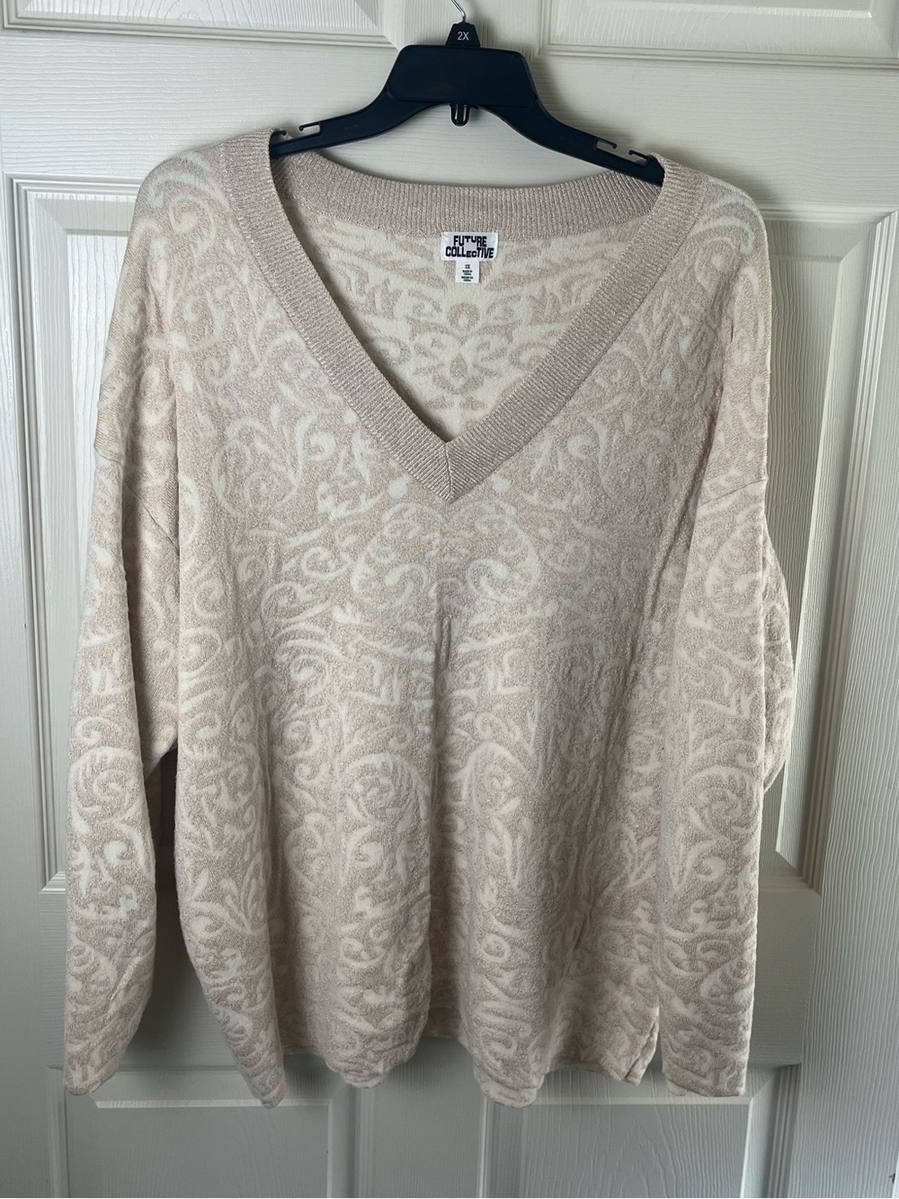 Future Collective Cream Patterned V-Neck Sweater